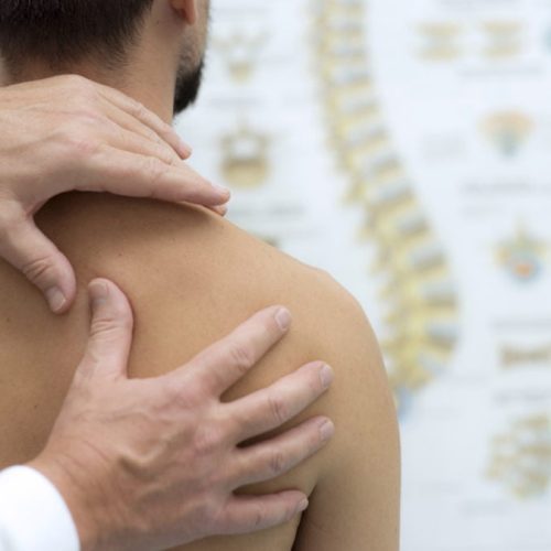 Medical check at the shoulder in a physiotherapy center physical therapist examining scapula